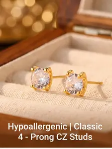 Women's Hypoallergenic Classic 4-Prong Round Cut Clear Crystal Stud Earrings, Gold Plated Solitaire CZ Diamond Stud Earrings, Timeless Minimalist Fashion Jewelry for Everyday Wear Office Wedding & Gift