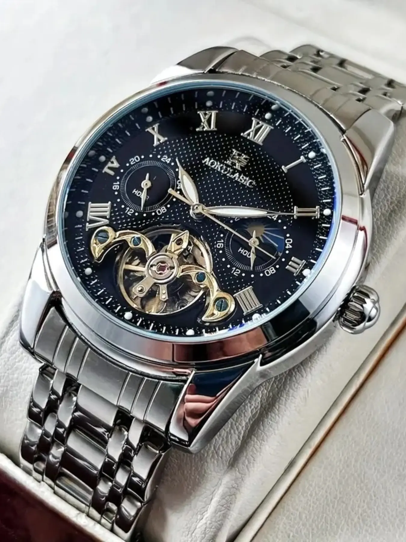 Men's Hollow Tourbillon Mechanical Watch, Skeleton Design, 24-Hour Moon Phase Display, Round Alloy Case, Automatic Wind, No Battery Needed