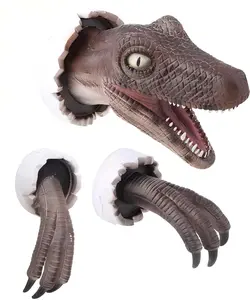 3D Wall Mounted Dinosaur Bust Sculpture Realistic Wall-Broken Bursting Hanging Velociraptor Ornament Home Office Party Decoration Props Wall Dinosaur Sculpture