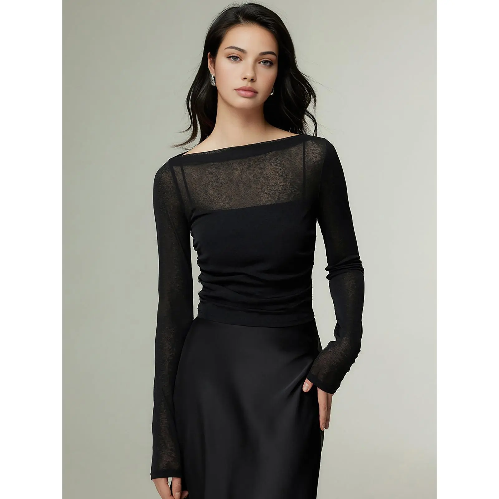 Women's Basic Straight Neck Sheer Panel Jersey Top, Lady's Casual Wear with Panel Detail, See-Through, T-Shirt Top, Shirts