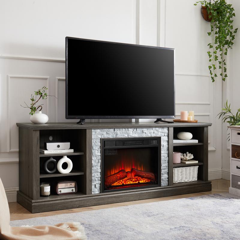 Large Fireplace TV Stand Storage Rack with Faux Stacked Stone Surround, Modern Media Console Table with Large Storage Cabinet and 23" Fireplace Insert, 70.12"W*15.35"D*25.83"H