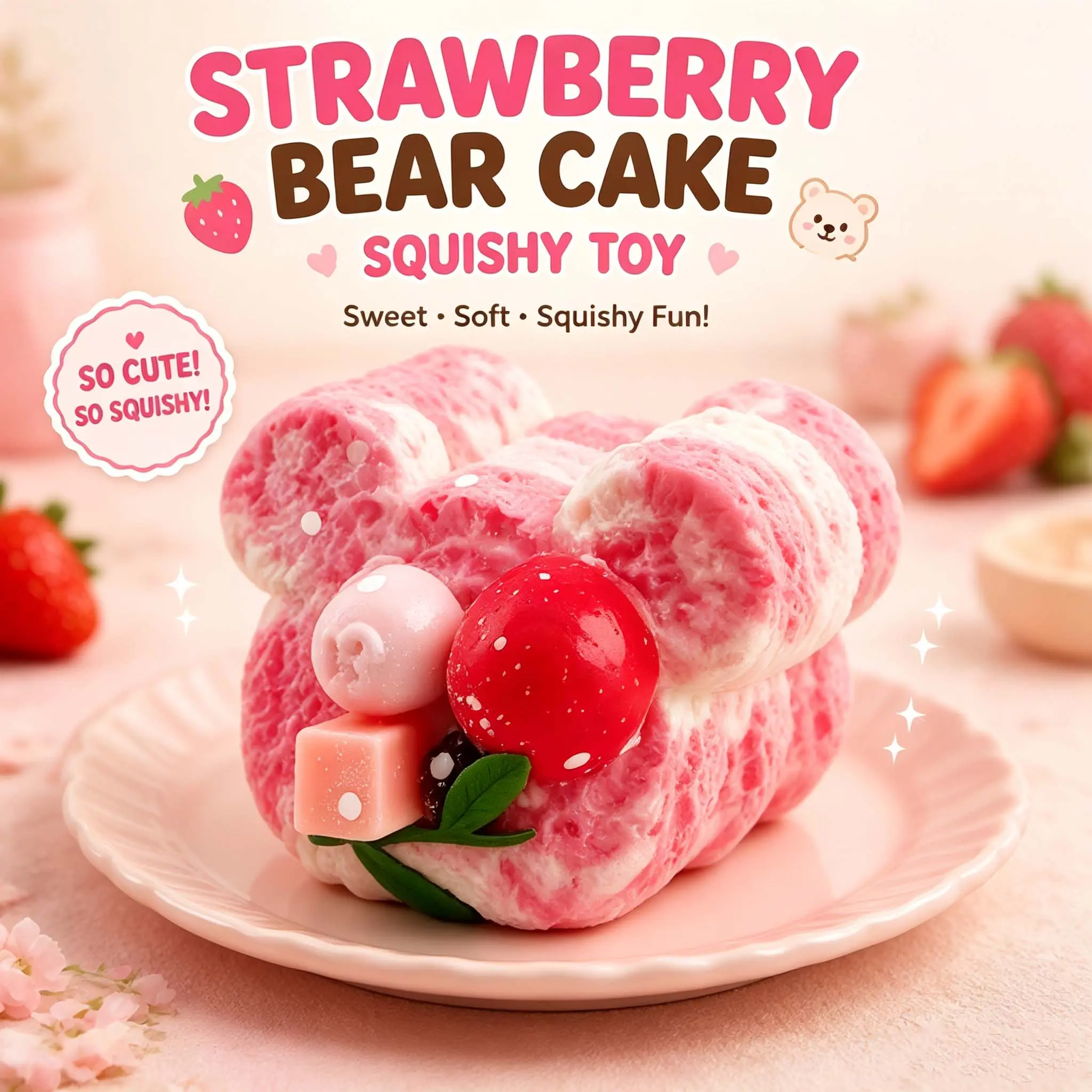 Strawberry Bear Cake Squishy Toy, Cute Kawaii Dessert Fidget Toy, Soft Slow Rising Stress Relief Squishy, Fun Gift for Kids & Adults