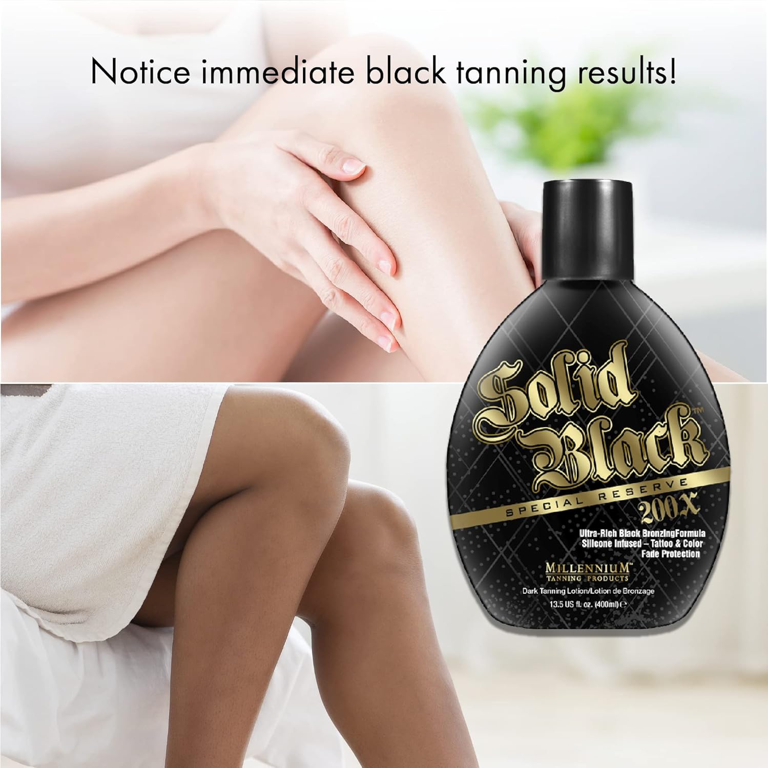 Millennium Tanning Solid Black Special Reserve 200X Bronzing Lotion with Tattoo Protector, Skin Tighteners & Antioxidants, 13.5 oz