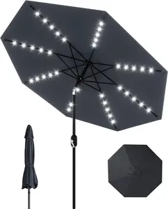 Patio Umbrella with Lights, 8 Ribs Outdoor Market Table Umbrella for Pool, Deck, Backyard (Gray, 10 ft)