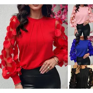 Women Polka Dot Pattern Round Neck Long Sleeve Sheer Mesh Shirred Blouse Elegant Tops Chic Fashion Black Blazer