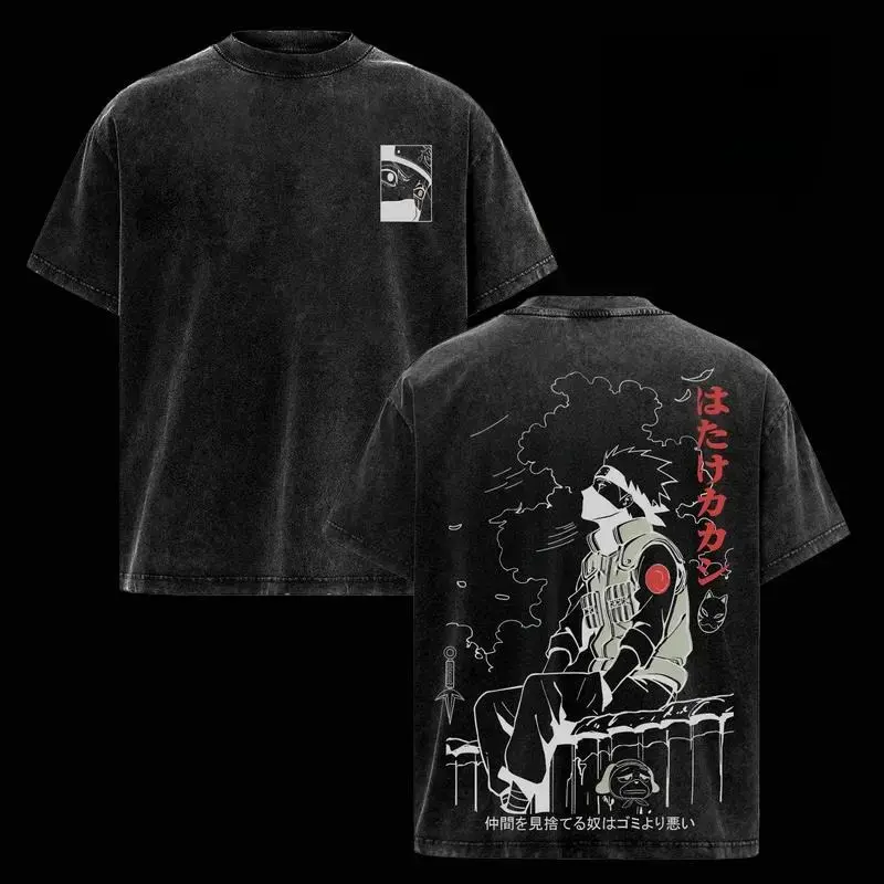 Men's Short-Sleeve Vintage Washed Oversized Cotton T-Shirt - Naruto Anime Hatake Kakashi Graphic Tee, Copy Ninja Manga Art Unisex Casual Streetwear Apparel, Gift for Fans