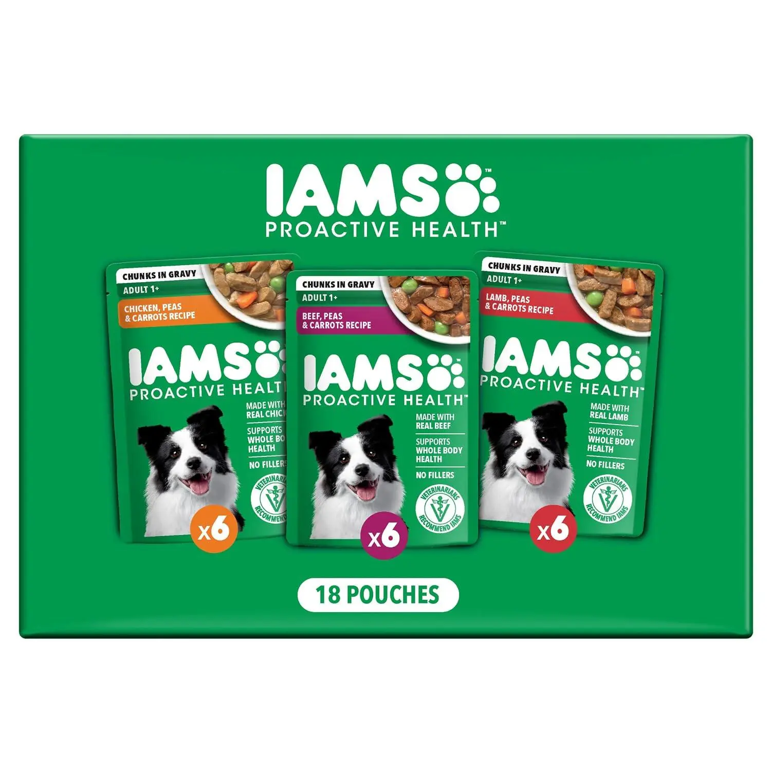 IAMS Proactive Health Wet Dog Food Pouches, Variety Pack, 3.5 oz, 18 Count | Chicken, Beef & Lamb, real meat & poultry, Omega 6 & 3 ratio, no artificial preservatives or fillers, use as topper or meal