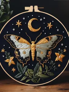 Starry Moon Embroidery Kit, Butterfly Floral Embroidery Material Pack, English Instructions, DIY Craft Supplies, Creative Sewing Project
