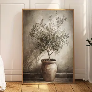 2D Flat, 1 Piece Wooden Frame Olive Tree in a Container Poster, Dark Tone Antique Plant Style Olive Tree Canvas Painting, Original Wall Art, Birthday Gift, Living Room, Bedroom, Kitchen, Hallway Decoration, Waterproof and Reusable