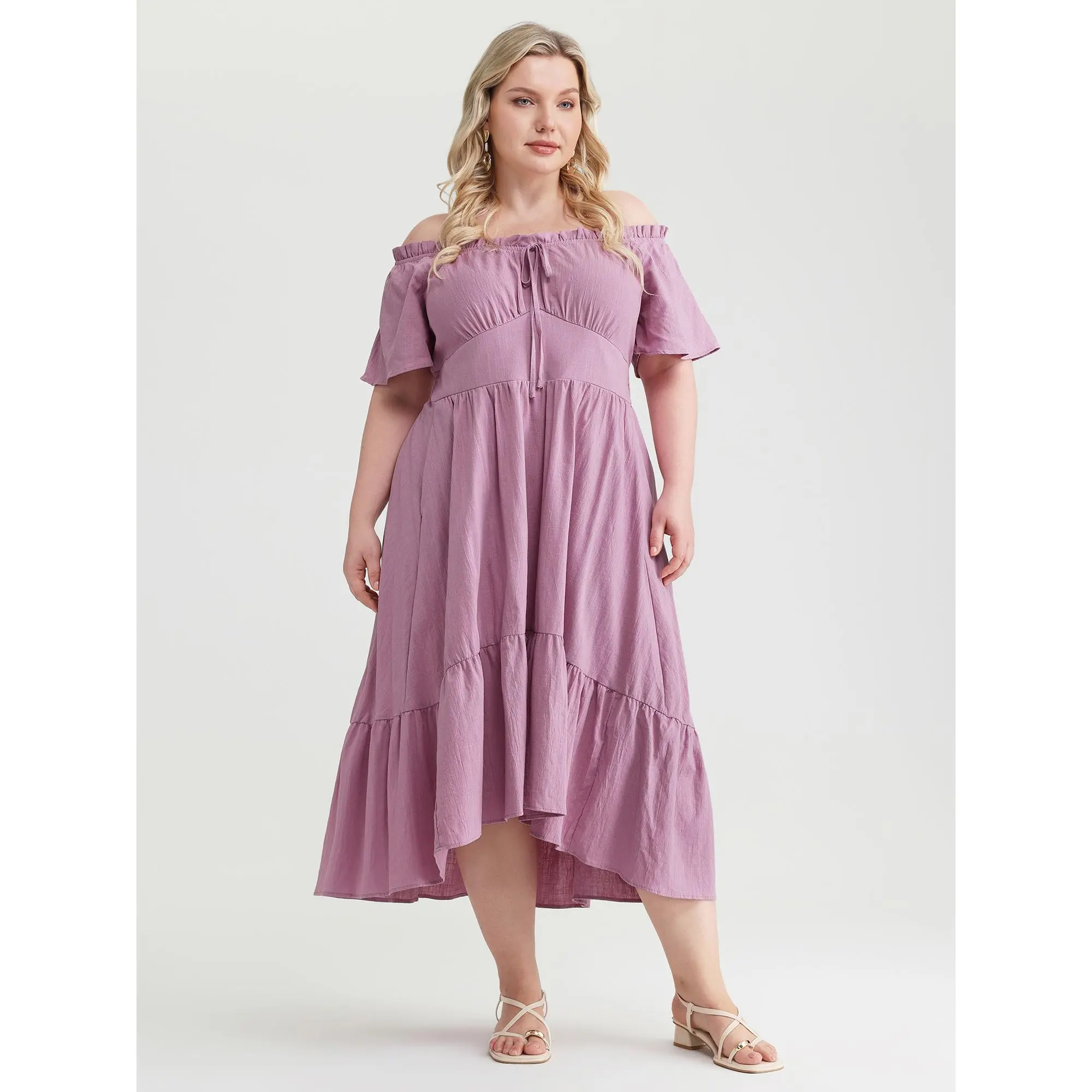 BloomChic Women's Curvy Plus Size Retro 1-Shoulder Midi Dress, 100% Cotton Summer Casual Style with Pockets and Gathered Detail, Smooth, Garment, Fabric, Low Iron, Midi Length, Retro Vibe, Solid, Plus Size Clothes, Curvy Clothing, Curvy Dresses Plus Size