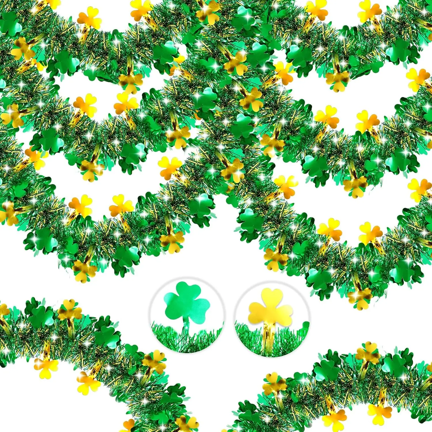 St Patrick's Day Tinsel Garland, 50FT Green Shamrock Tinsel Garland Clover Tinsel Twist Hanging Garland for Outdoor Indoor Home Tree Room Holiday Disco Party Irish St Patricks Day Decorations