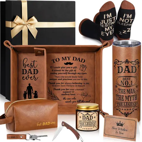 10 Pcs Christmas Gifts for Men Dad Deluxe Birthday Gift Box Godfather Gift Christian Gift Basket with Leather Tray Tumbler Toiletry Travel Bag Sock, Father's Day Gift Ideas From Son Daughter Wife for Xmas Birthday Anniversary Personalized Gift Package