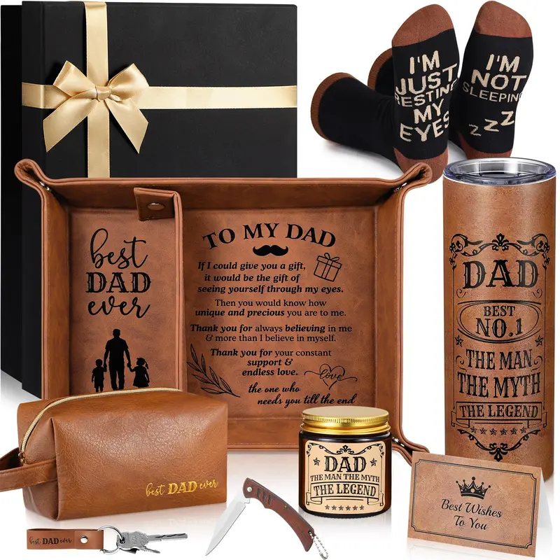 10 Pcs Christmas Gifts for Men Dad Deluxe Birthday Gift Box Godfather Gift Christian Gift Basket with Leather Tray Tumbler Toiletry Travel Bag Sock, Father's Day Gift Ideas From Son Daughter Wife for Xmas Birthday Anniversary Personalized Gift Package