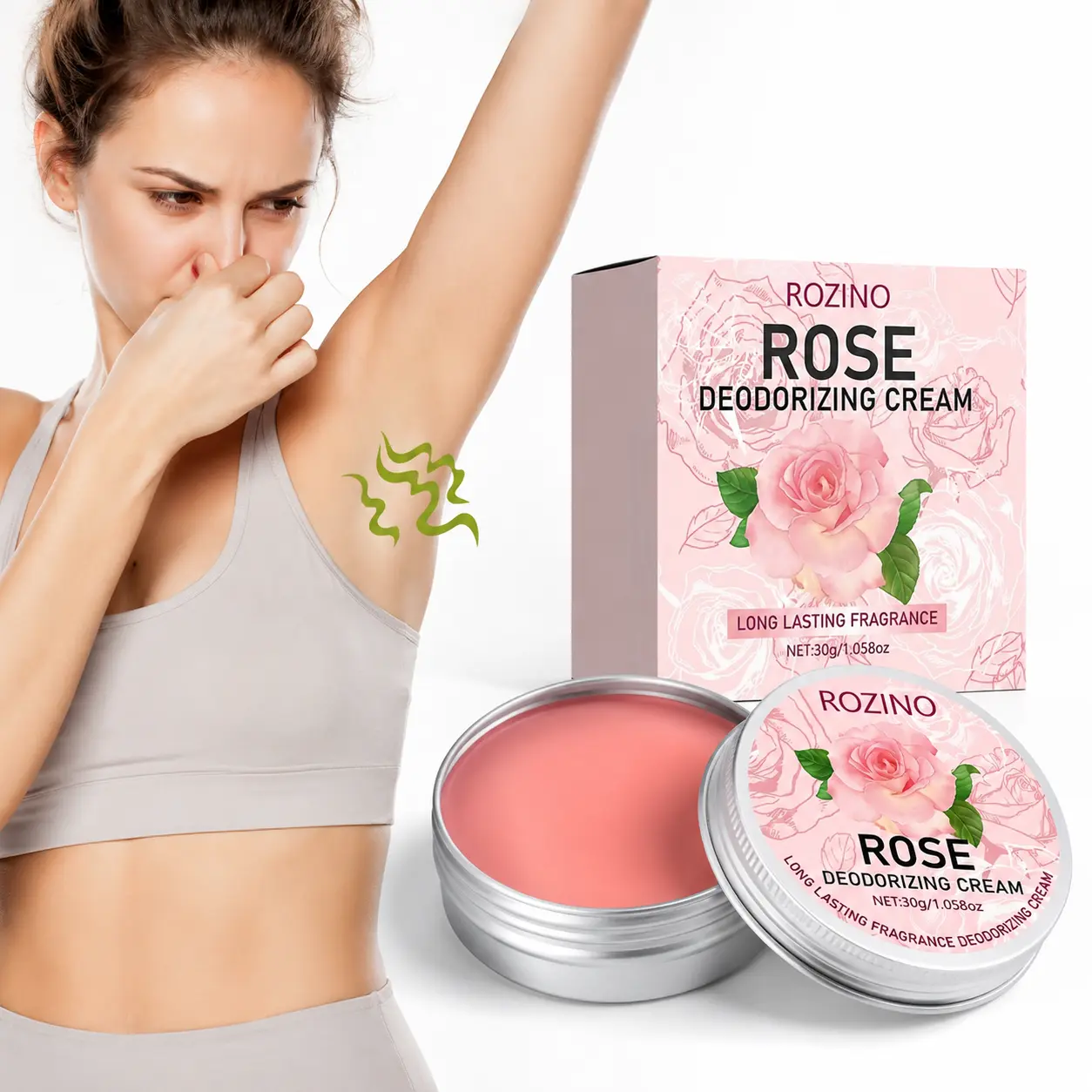 ROZINO Rose Deodorizing Cream 30g, Long Lasting Freshness Body Care Balm with Rose Extract, Gentle Underarm Odor Control Cream, Floral Scented Moisturizer for Women, Portable Daily Fresh Care