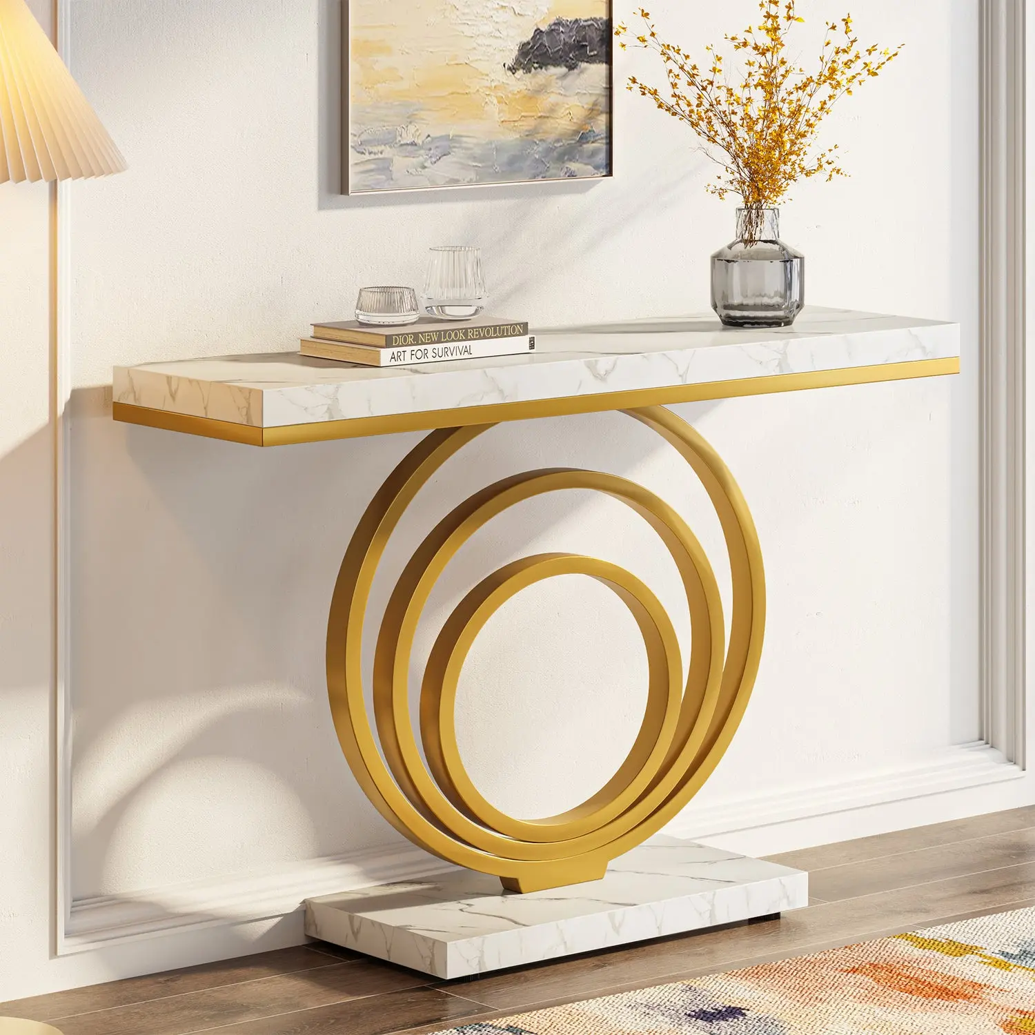 Spaco 41-In Rectangular Gold Metal Frame Entryway Console Table, Modern Side Table with Metal-Tone, Postmodern, Standing Pedestal Designs for Living Room, Hallway, Metal-Tone Pedestal Tables