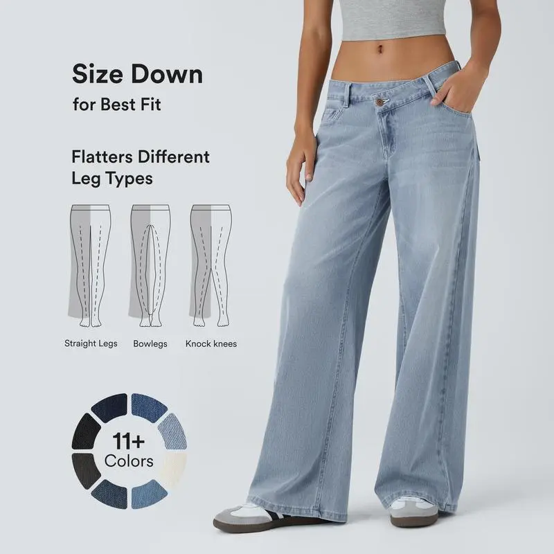 Asymmetric Low Waist Zipper Pocket Loose Wide Leg Washed Casual Jeans for Women Comfortable Everyday Wear Cotton Material Streetwear Basic Denim Pants Blue Wax Jeans baggy jeans