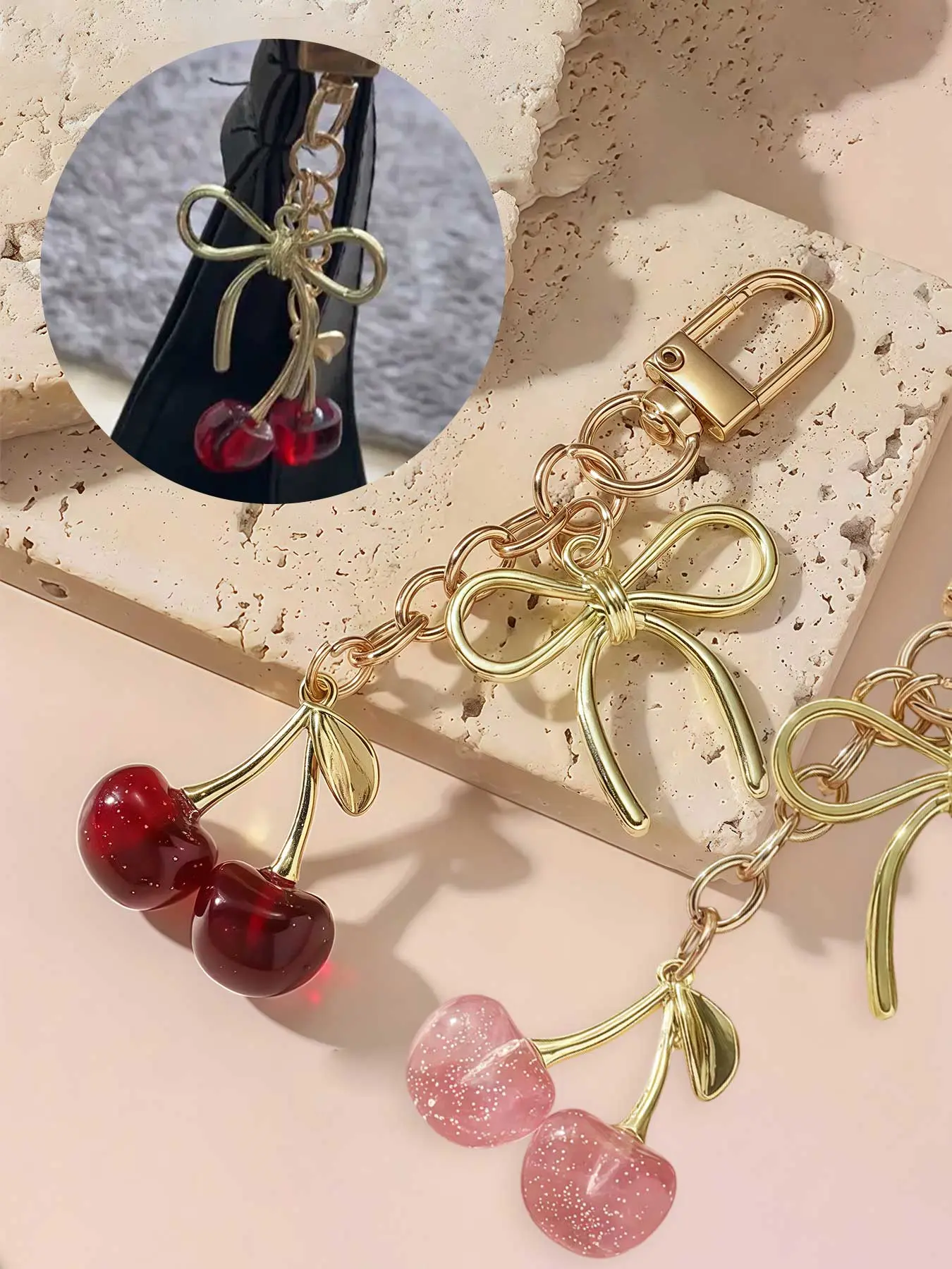 1/2Pcs Cute Golden Glitter Cherry & Bow Decor Keychain, Cherry Pendant Metal Keychain, Bling Bling Keychains, Cherry Bag Pendant Backpack Accessories Valentine's Day Gift, Boyfriend Gift
