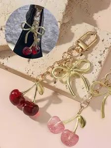 1/2Pcs Cute Golden Glitter Cherry & Bow Decor Keychain, Cherry Pendant Metal Keychain, Bling Bling Keychains, Cherry Bag Pendant Backpack Accessories Valentine's Day Gift, Boyfriend Gift