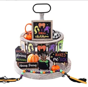11Pcs Halloween Hocus Pocus Tray Decor I Smell Children Wooden Signs and Bead Garland Farmhouse Rustic Tiered Tray Decorations for Home Table Set Banner