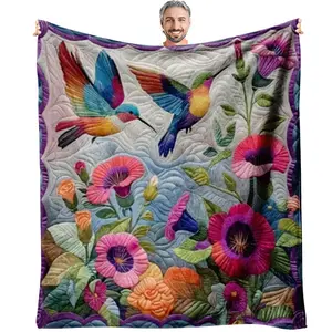 Vibrant Hummingbird Floral Flannel Blanket, Soft Personalized Throw for Sofa Camping Bed Car Outdoor Use, Perfect Gift for All Occasions