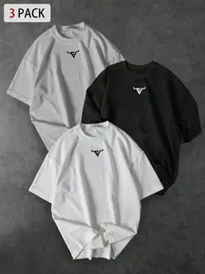 Men's 3-Pack Oversized Crew Neck Tees - Premium Breathable Fabric, Minimal Chest Logo, Basic Everyday Style, Multi-Wear for Daily/Gym/Street/Casual, All-Season Neutral Tone Tops, Menswear, Streetwear