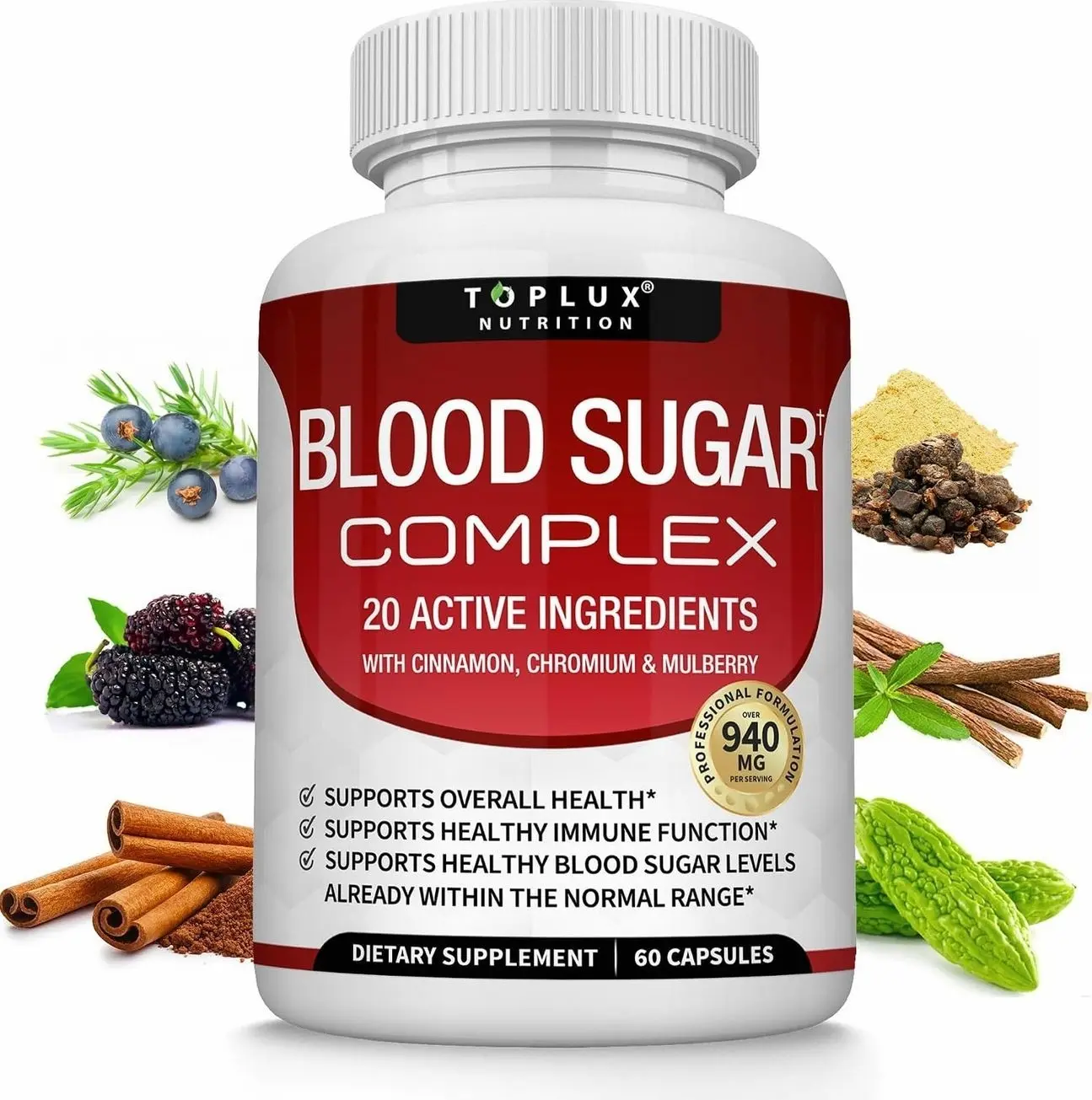 Blood Sugar Complex Supplement - Supports Healthy Blood Sugar Levels Already Within Normal Range All Natural with Cinnamon, Bitter Melon, Chromium, Mulberry, Alpha Lipoic Acid, Non-GMO, 60 Capsules