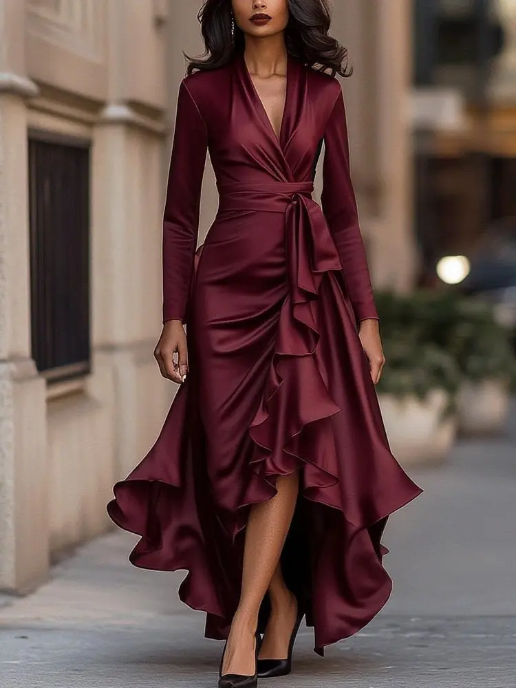 Waist-defined Ruffle Hem Elegant Dress