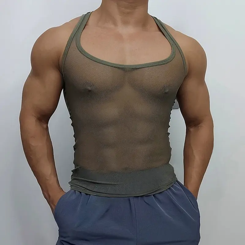 Men's Thin Mesh Tight Perspective Vest - 2025 Summer New, Breathable Sleeveless Athletic Activewear, Torso-Fitting, Round Hem, No Closure, Pull-On for Fitness Sports