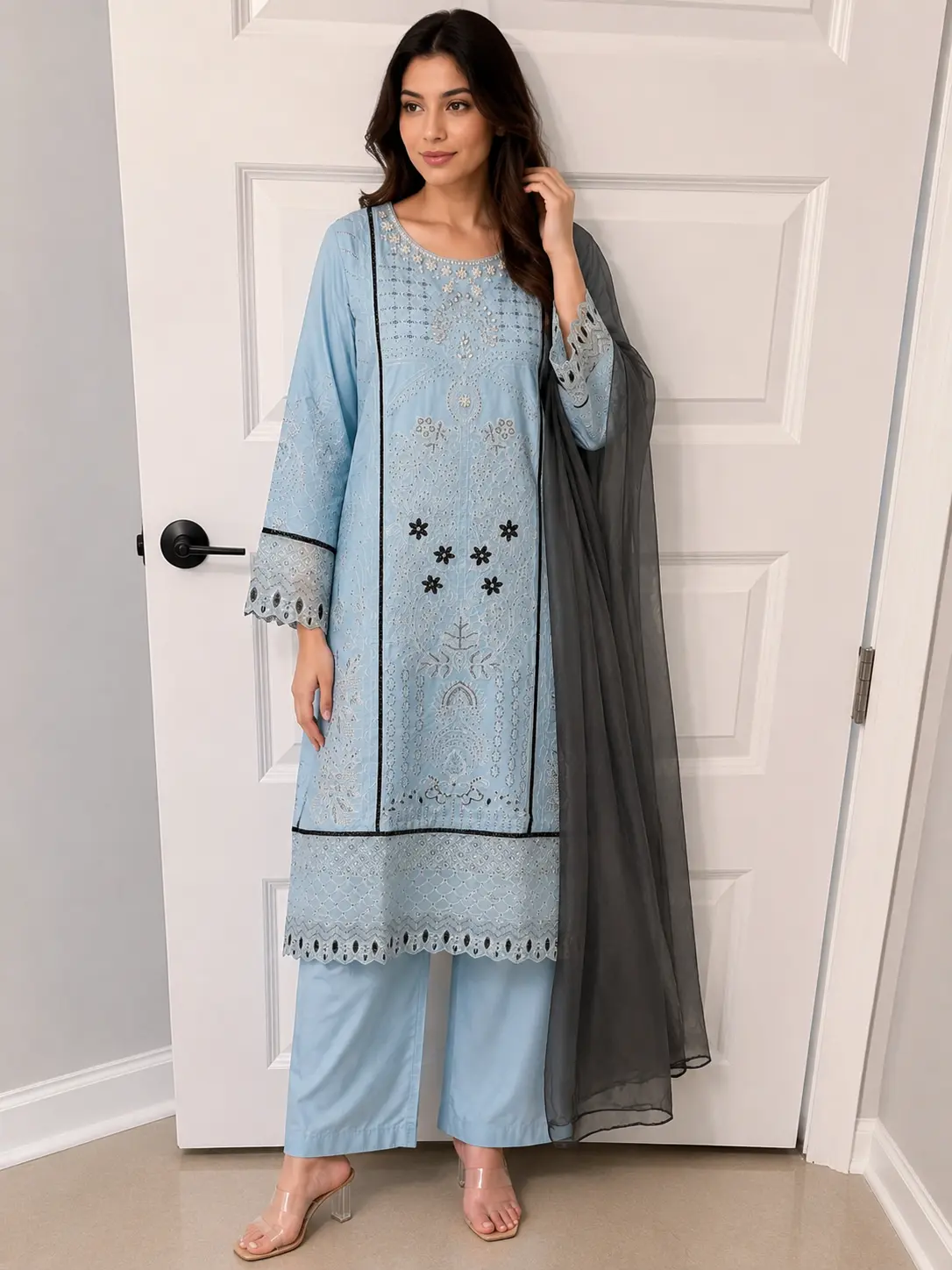 Women's Traditional 3-Piece Pakistani Matching Outfits - Elegant Black Embroidered Kurta Shirt, Trouser, Lightweight Chiffon Dupatta, Modest Islamic Clothes Set, Women's Clothes, Embroidery, Long Sleeve, Suit, All Seasons, Threadwork, 3-Piece Suit, Front