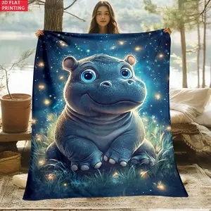 2D Flat 1pc Hippo Pattern Blanket-Lightweight Home Furnishings Bedding Blanket 280Gsm Suitable for Sofas Beds Travel Camping Living Rooms Offices Sofas Chairs And Beds-Soft And Warm Fabric Digital Printed Blanket