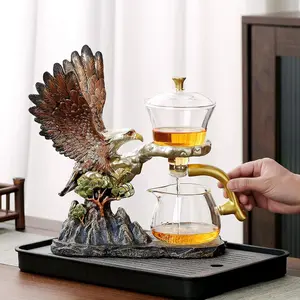 Semi Automatic Teapot Set, Glass Teapot Set with Strainer Kungfu Tea Sets (Golden tan eagle)