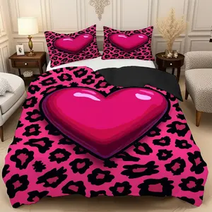 2/3 Pcs Pink Leopard Print Heart-Shaped Pattern Duvet Cover Set,High-Definition Digital Printed Bedding Set(1* Duvet Cover+1/2* Pillowcase,No Filling)100% Polyester Fiber Soft,Breathable Bedroom,Guest Room Decoration,Machine Washable,Perfect Holiday Gift