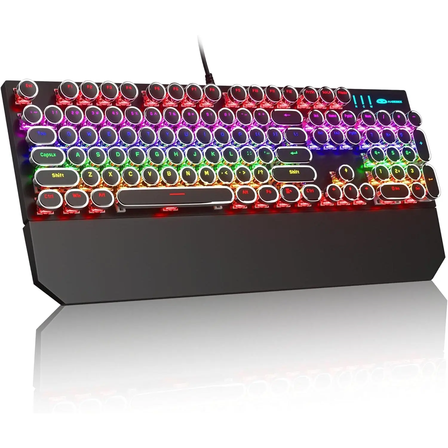 Typewriter Mechanical Gaming Keyboard, Retro Black Punk Round Keycaps RGB Rainbow Backlit Wired Keyboards for Laptop  PC Gamer, with  Wrist Rest - Blue