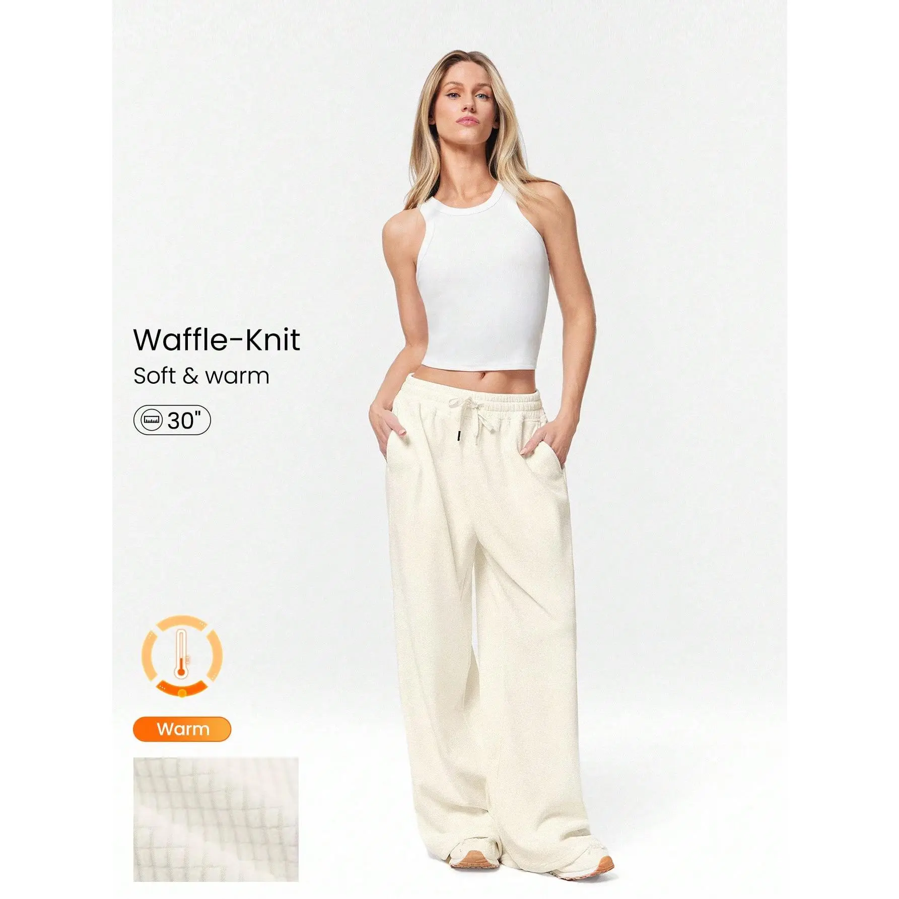 GLOWMODE Waffle Brushed Wide-Leg Elastic Waist Active Pants Casual Daily Wear Warm Winter