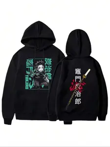Unisex Japanese Anime Demon Slayer Kyojuro Theme Hoodie, Colorblock, Casual Fitted Sweatshirt for Fall & Winter