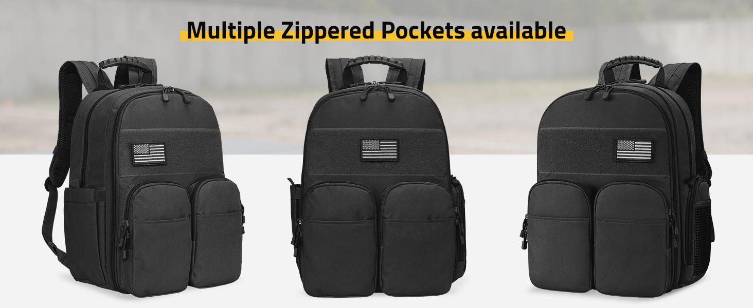 Tactical Range Backpack for Men with Stable Support, Shooting Backpack with Pistol Storage Cases, Range Bag with Removable Divider, Lockable Zipper Design Daypack for EDC Work, Black/Khaki