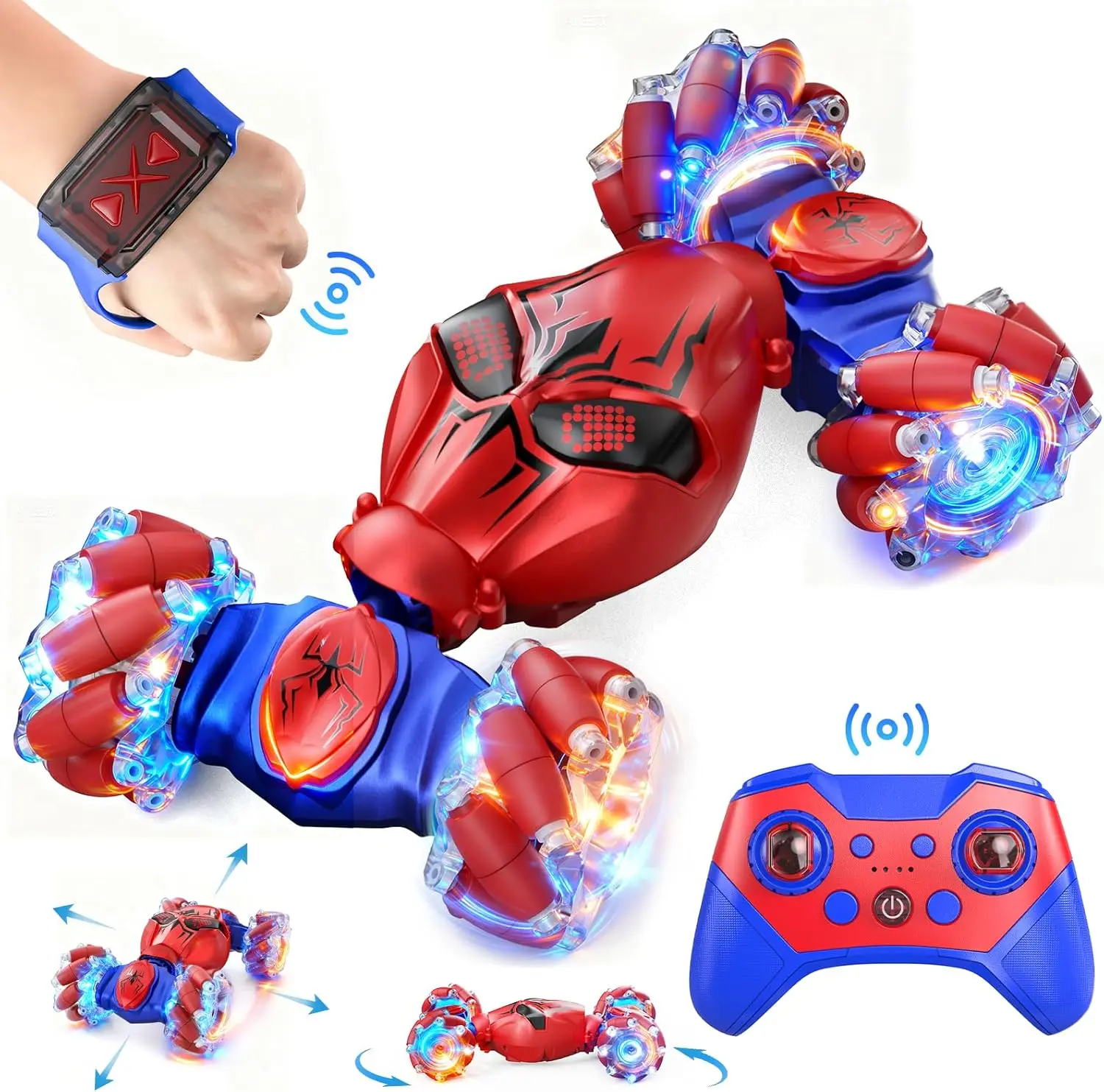 Veeniix Gesture Control Stunt Car - 360° Rotating, Double-Sided Driving, LED Lights & Music Spider Toy with Multi-Mode Wireless Controller, Rechargeable RC Model Car for Kids Ages 8-14 Birthday Gifts, Multi-Mode Remote-Controlled Cars