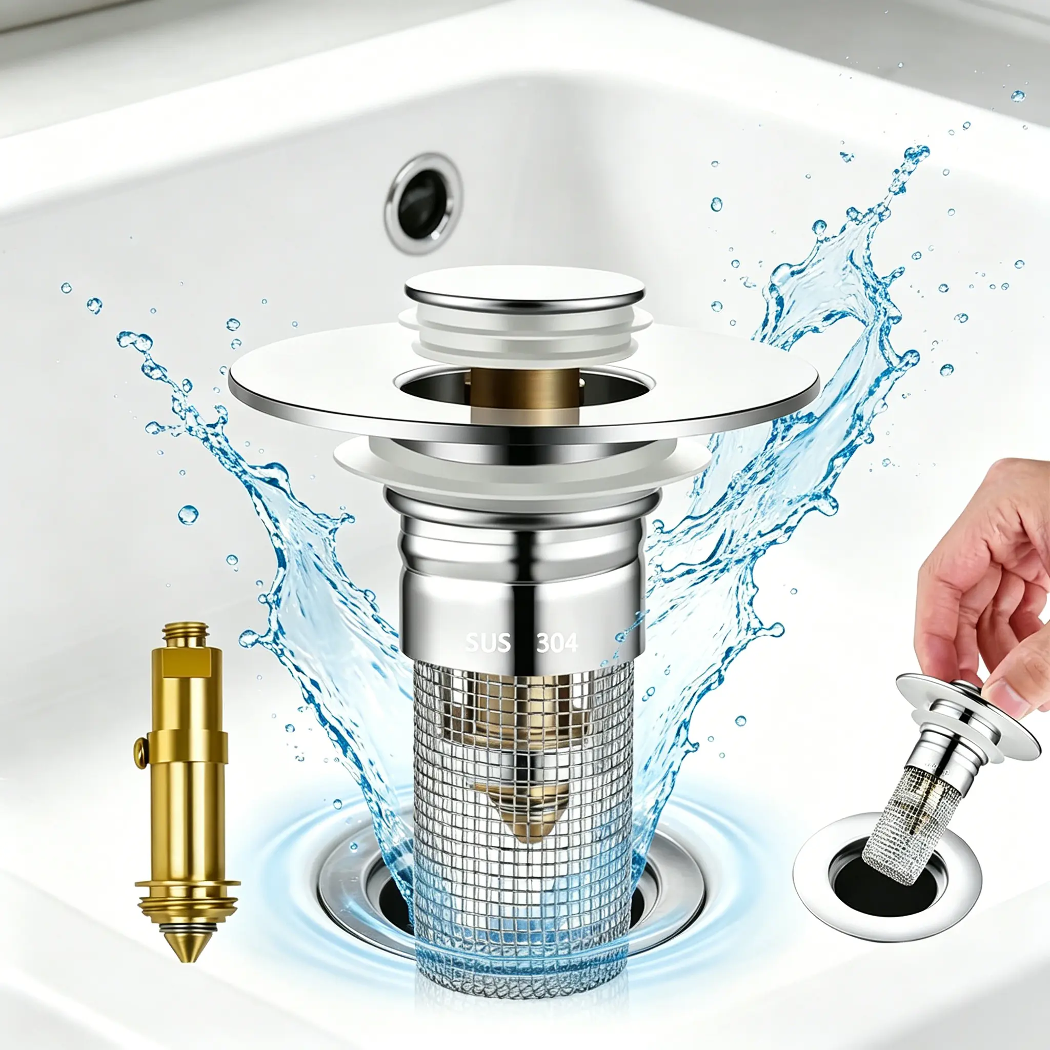 Bathroom Sink Drain Guard, Pop Up Sink Drain Stopper, Bathroom Sink Plug with Detachable Stainless Steel, Filter Basket Hair Blocker Hair Blocker