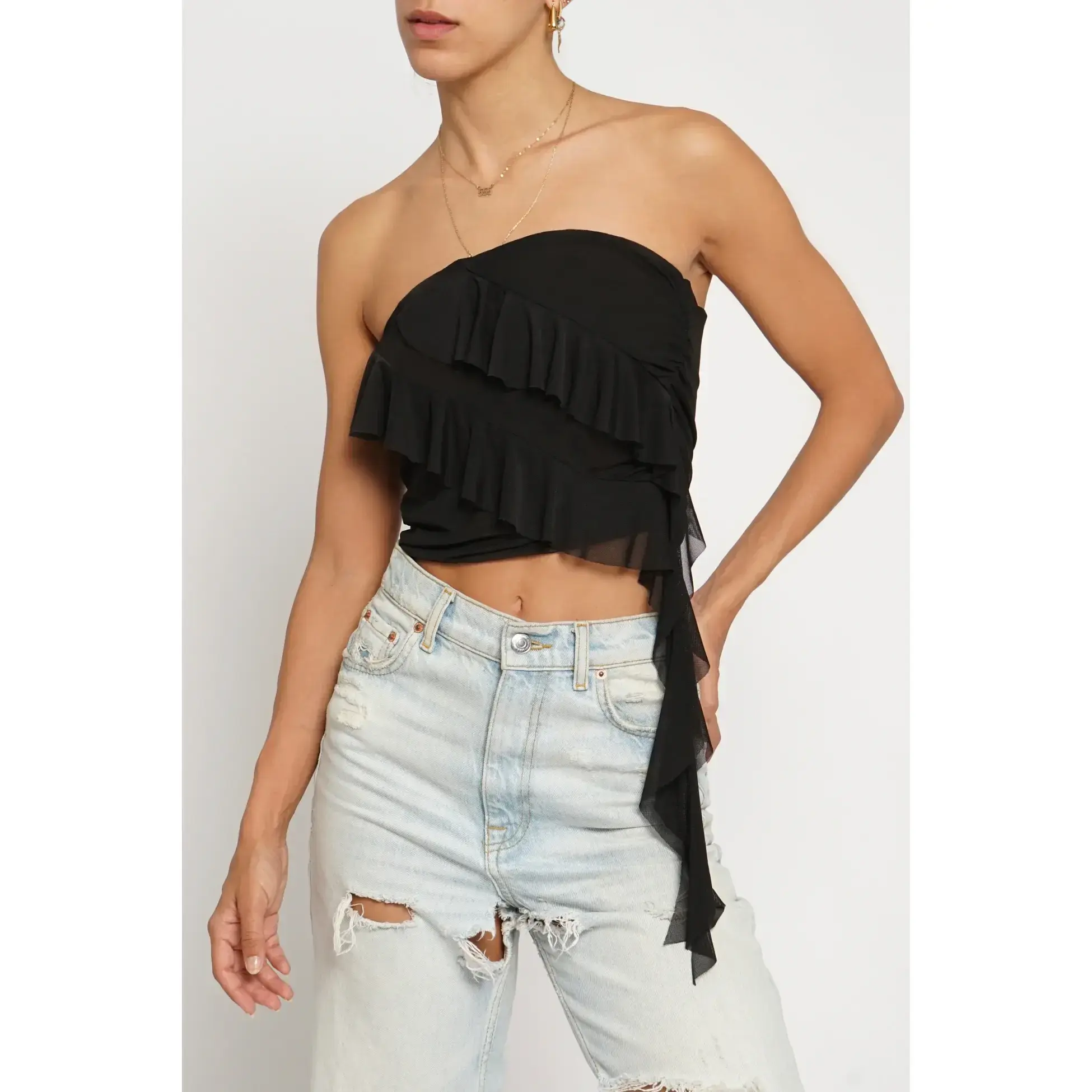 Women's Draped Ruffle Mesh Tube Top - GST2900