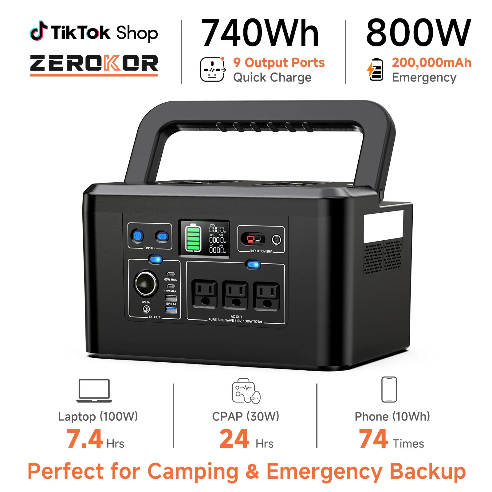 [ZeroKor] 800W Portable Power Station, 740Wh Pure Sine Wave Solar Generator, 3 AC Outlets, CPAP Backup Battery for Camping Power Outages Emergency, Solar Power Generators