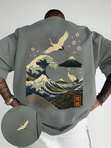 Men's Crane Print T-Shirt, Casual Loose-Fitting Short Sleeve, Outdoor Travel Party Streetwear, Comfortable Fashion Tee