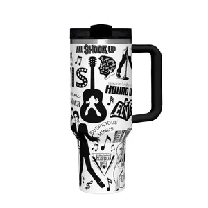 1 Travel Mug with Elvis-themed 2D Print, White Base, Black Handle and Lid, Featuring Musical Notes and Iconic Silhouettes on Stainless Steel Body.
