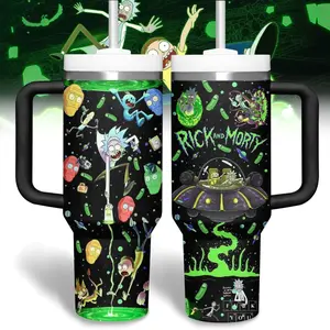 Rick and Morty 40oz Tumbler, Sci-Fi Portal Adventure Travel Mug with Black Handle, Pickle Rick Fan Gift