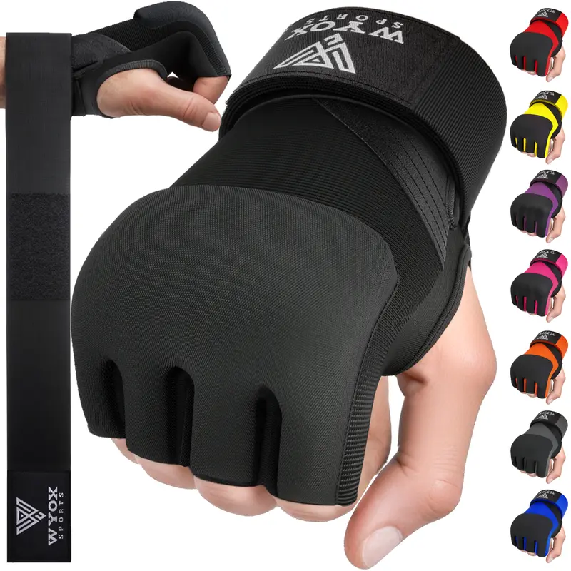 WYOX Gel Boxing Hand Wraps Inner Gloves for Men & Women - Padded Knuckle Protection, Half-Finger Design, 80cm Quick Wrist Straps, Black, 2-1 Year Warranty