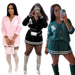 two-piece set woman Knit Pleated Sweater Skirts 2 Two Piece Set Trendy Women Clothing Striped Letter Button Cardigan With Matching Mini Skirt Sets