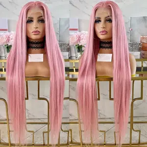 Pink Lace Front Wig Synthetic Hair Pre Plucked Long Straight Lace Wig Heat Resistant Fiber Hair Synthetic Lace Front Halloween Wigs Middle Part Glueless Wig For Women