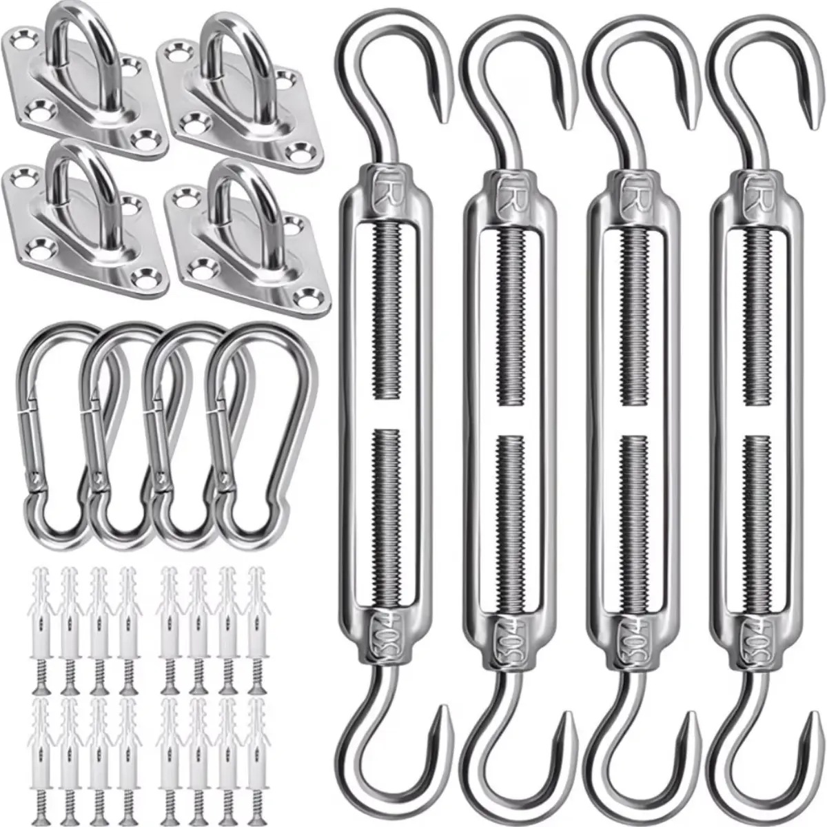 304 Grade Corrosion Resistant Stainless Steel Sun Shade Sail Hardware Kit - 44-Piece Durable Heavy Duty Adjustable Turnbuckle Set with Helical Spiral Threads Screw, Snap Hook, Pad Eyes, Built for Sun, Wind, Outdoor Use for Deck, Patio, Installation