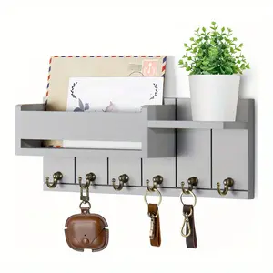 Wall-Mounted Storage Rack, Hanging Wooden Wall Organizer with 6 Hooks, Wooden Wall Shelf, Mailbox, Key, Glasses, Earphone Holder, Home Decor, Room Decoration