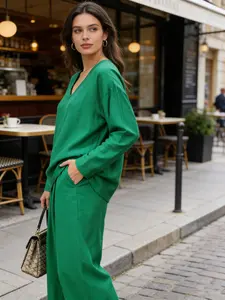 Spring Autumn New Women's Homecoming Suit V-Neck Long Sleeve & Pants Set, Loose Fit Casual Bright Color Pockets, Indoor Outdoor Wear