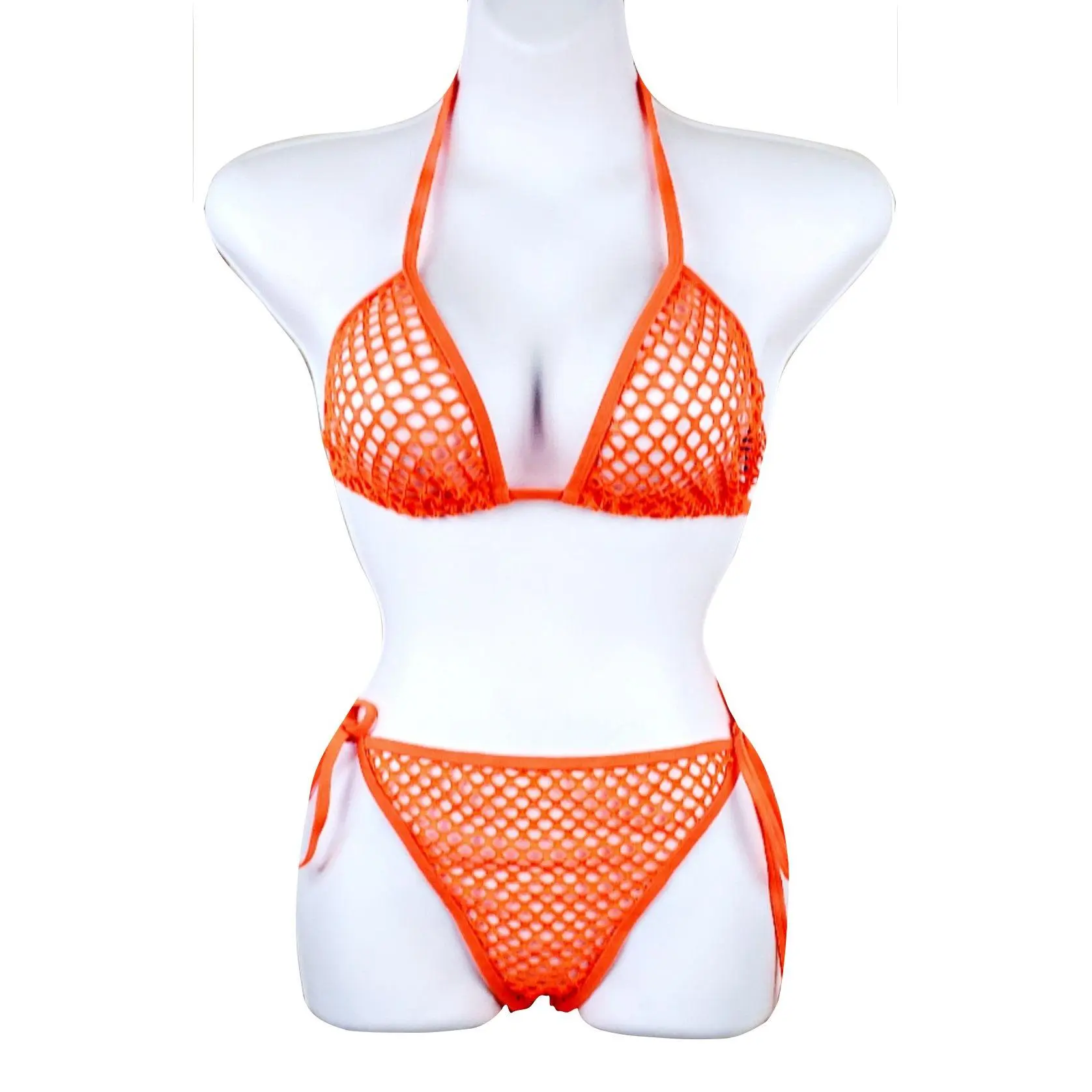 Orange Fishnet Bikini Set - Sheer Swimwear for Festivals and Resorts